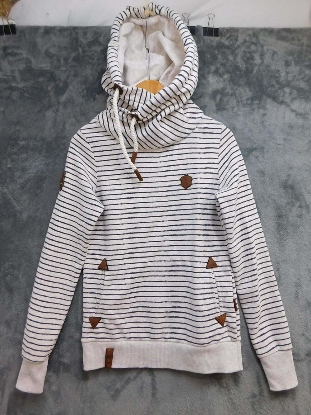 Naketano Hoodie Womens M White Striped Cowl Neck Hooded Pockets Lined Cozy